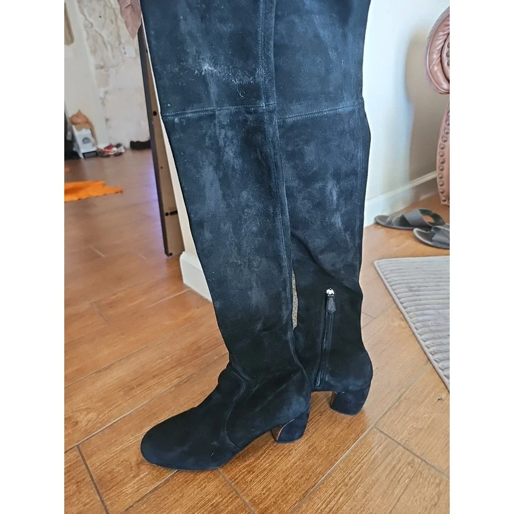 Women's Prada Black SUEDE‎ Leather Over-the-knee Block Heel Round Toe Boots TP01